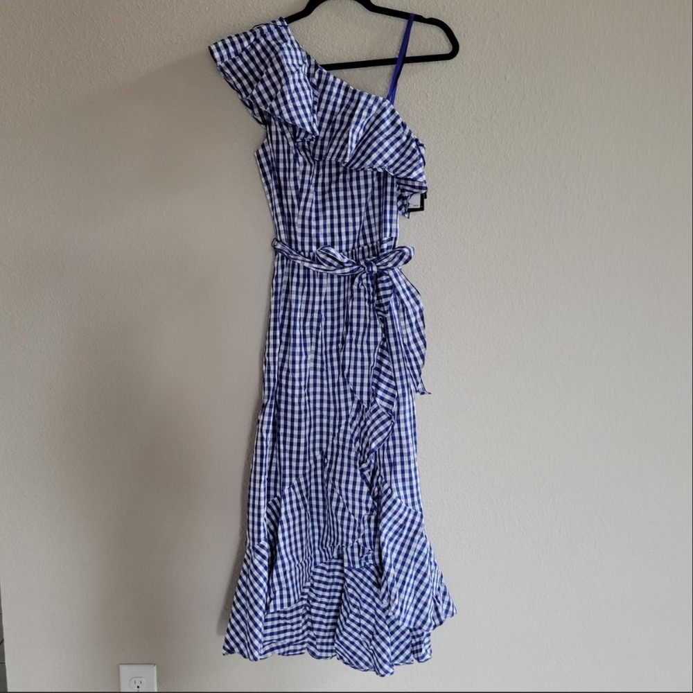 Adrianna Papell Blue and White Asymmetrical Ruffled Wrap Dress